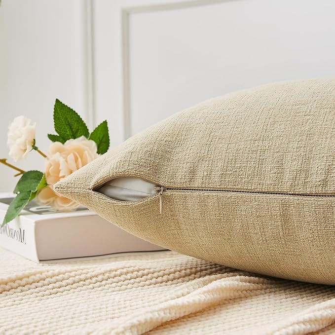 GAWAMAY Decorative Square Throw Pillow Covers 22x22 Inch Set of 2, Super Soft Chenille Pillows Farmhouse Fall Pillowcase for Living Room Bedroom Sofa Couch Cushion Cover Khaki 55x55cm (No Insert)