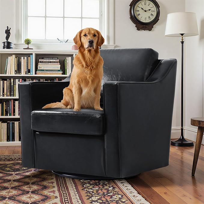 Pia Ricco 360° Swivel Accent Chair, Oversized Modern Faux Leather Armchair with Removable Cover for Living Room and Reception,Black