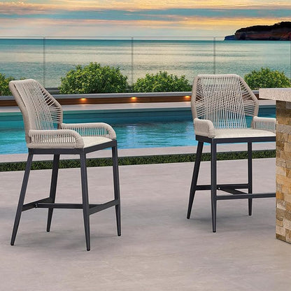 PURPLE LEAF 2 Pieces Counter Height Bar Stools Patio Boho Rattan Barstools Aluminum Woven Bar Chairs with Cushions for Outdoor Kitchen Island Garden
