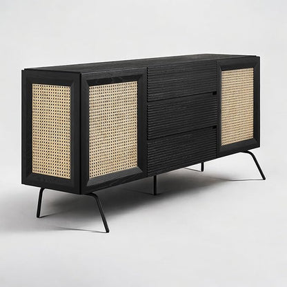 NTC MOSSIC Large Sideboard with 2 Doors and 3 Drawers, Buffet Cabinet with Natural Rattan and Metal Legs, Modern Storage Cabinet for Living Room, and Hallway, Effortless Assembly - Burnt Black