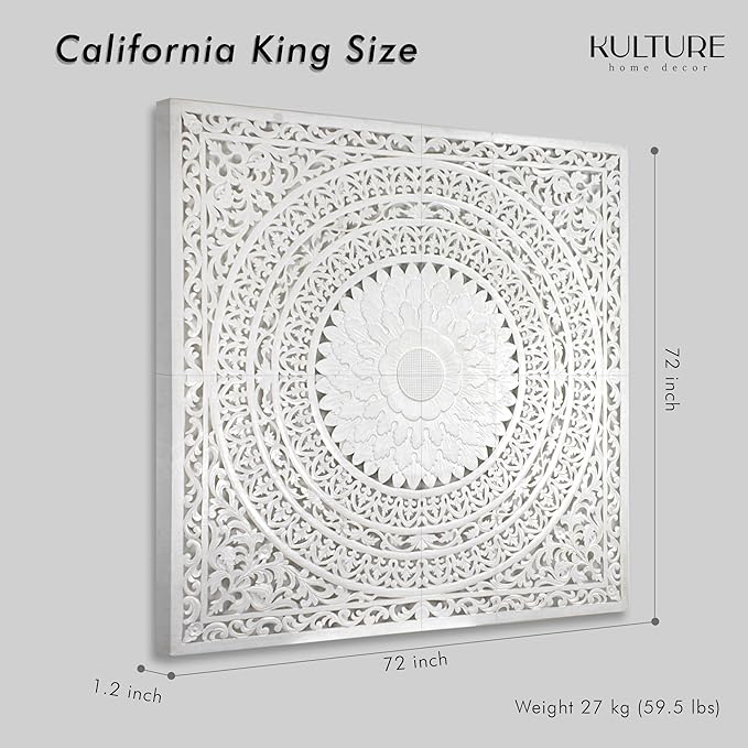 Wood Headboard Rustic | Carved Full Headboard Only | Wooden Headboard Full Size Bed | Wall Mount Headboard King or Queen | Full Bed Headboard Panels (Seruni White, California King)