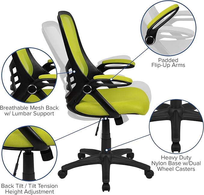 Flash Furniture Porter Mesh High Back Ergonomic Swivel Office Chair with Lumbar Support, Flip-Up Arms, Tilt Lock/Tilt Tension, Height Adjustable, Black/Green Frame