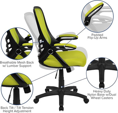 Flash Furniture Porter Mesh High Back Ergonomic Swivel Office Chair with Lumbar Support, Flip-Up Arms, Tilt Lock/Tilt Tension, Height Adjustable, Black/Green Frame