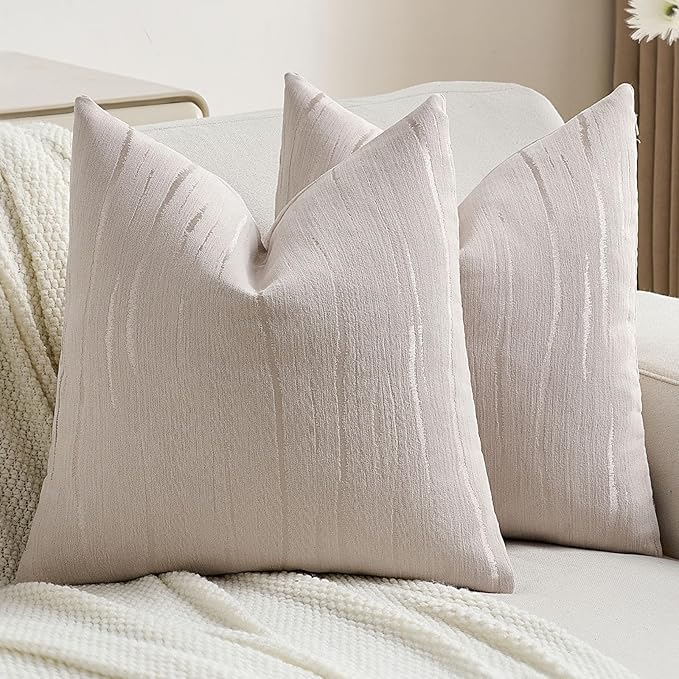 FUTEI Beige Chenille Decorative Throw Pillow Covers 26x26 Inch Set of 2,Soft Embossed Striped Textured Euro Pillow Shams,Modern Home Decor for Couch Bed Living Room