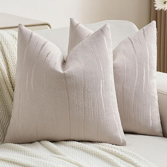 FUTEI Beige Chenille Decorative Throw Pillow Covers 16x16 Inch Set of 2,Soft Embossed Striped Textured Cushion Case,Modern Home Decor for Couch Bed Living Room