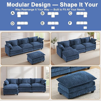 111.4" L-Shaped Cloud Chenille Sectional with Reversible Chaise, Flexible 3+1 Layout for Large Spaces, Deep Seat and Free Pillows Included