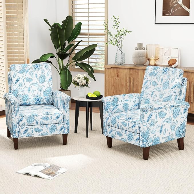 GOFLAME Floral Accent Chairs Set of 2, Comfy Upholstered Armchairs with Rubber Wood Legs and Thick Padded Cushion, High Back Single Sofa Chairs, Reading Side Chairs for Living Room, Bedroom, Blue