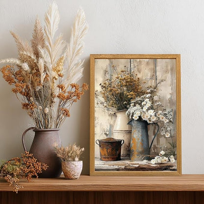 HLXRAE Rustic Farmhouse Bathroom Wall Art, Vintage Country Floral Still Life Wall Decor, White Daisy Canvas Painting, Shabby Chic Flower Poster Print for Bedroom Kitchen Wood Framed 12x16 inch