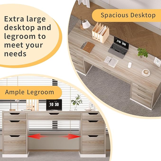 Computer Desk with Storage Drawers, 54 Inch Executive Desk with 7 Drawers for Bedroom, Office Desk with File Drawers for Work Study Writing, Small Spaces, White and Walnut