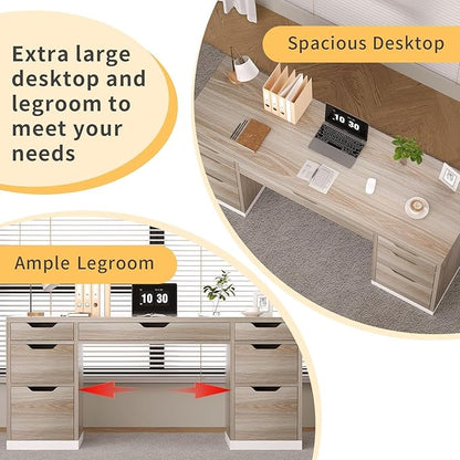 Computer Desk with Storage Drawers, 54 Inch Executive Desk with 7 Drawers for Bedroom, Office Desk with File Drawers for Work Study Writing, Small Spaces, White and Walnut