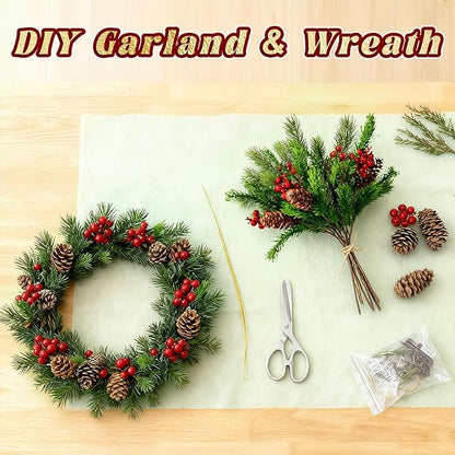 2PCS Christmas Artificial Pine Needles Branches Table Decor with Red Berry Pine Cones Greenery Stems Christmas Artificial Greenery Floral Arrangements for Garland Wreath