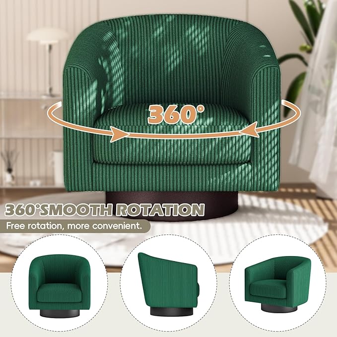 360° Swivel Accent Chairs, Modern Bucket Chair, Corduroy Barrel Armchair, Comfy Boucle Chair, Single Sofa for Living Room Bedroom. Green