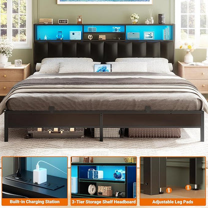 Aheaplus Headboard for King Size Bed with Storage, Upholstered Headboards with Outlets, USB Ports and LED Light, Reversible King Size Head Board, Height Adjustable, Comfortable Headboard, Black