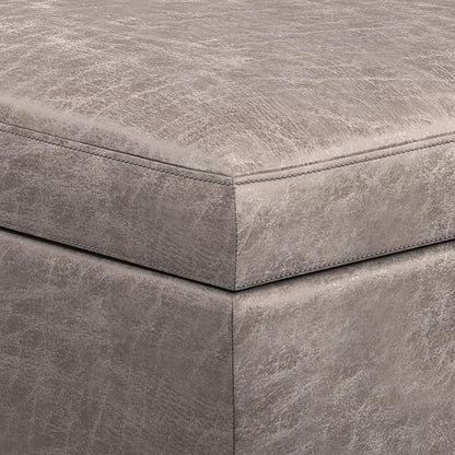SIMPLIHOME Owen 48 inch Wide Mid Century Modern Rectangle Rectangular Storage Ottoman in Distressed Grey Taupe Vegan Faux Leather, Assembled, for the Living Room, Entryway and Family Room