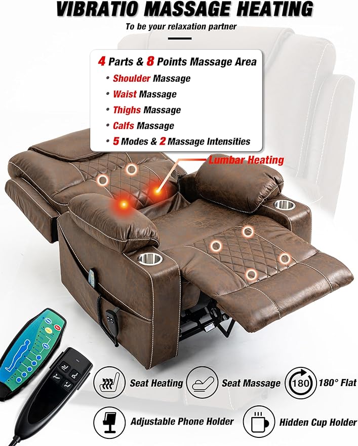26in Extra Large Lazy Boy Recliner Chair for Tall Men Up to 6'2"/350lb Adjustment Power Lift Recliner Chair with Cupholder, Massage Chair Recliner with Lumbar Heating