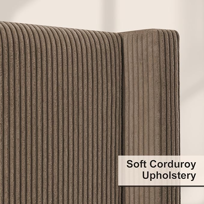 HOWE Queen Size 61" Corduroy Upholstered Bed Frame, Platform Bed with Vertical Stripe Wingback Headboard, No Box Spring Needed/Noise Free/Solid Wood Slats & Legs/Chestnut