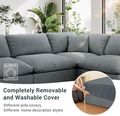 Modular Sectional Sofa Cloud Couch,Down Filled Comfy Cloud Modern Sofa,Light Blue Linen U Shape 6 Seater Oversized Couch Cushion Covers Removable for Living Room