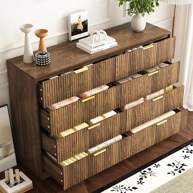 3-Piece Modern Bedroom Furniture Set, Wide 8-Drawer Dresser & 1-Drawer Nightstands Set of 2, Natural Wood Dresser and Nightstand Sets for Bedroom, Hallway, Walnut