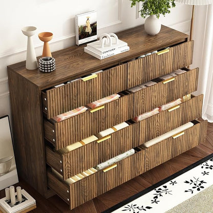 3-Piece Modern Bedroom Furniture Set, Wide 8-Drawer Dresser & 1-Drawer Nightstands Set of 2, Natural Wood Dresser and Nightstand Sets for Bedroom, Hallway, Walnut