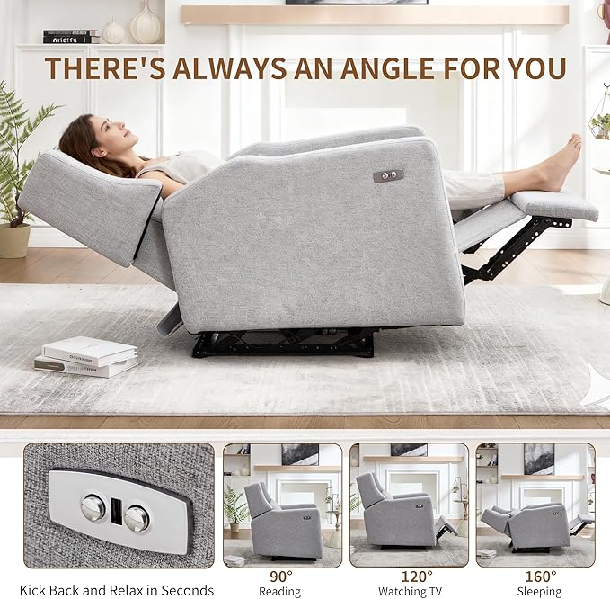 Power Recliner Chair for Adults, Adjustable Home Theater Seating with USB for Living Room, Modern Fabric Reclining - Light Grey