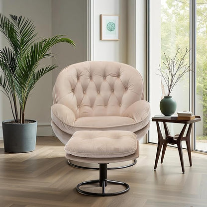 Set of 2 360° Swivel Modern Velvet Accent Chair with Ottoman | Mid-Century Button Tufted Lounge Chair for Living Room & Bedroom, Beige