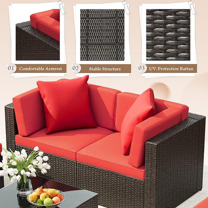 JUMMICO 5 Pieces Patio Furniture Set, Outdoor Sectional Sofa Conversation Sets, Couch Rattan Chair Wicker with Ottoman Cushion, Glass Tea Table and Pillows for Backyard Porch Garden Pool Balcony, Red