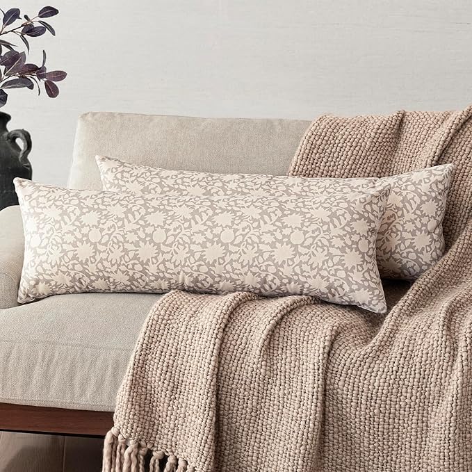 Foindtower Set of 2 Decorative Long Body Lumbar Throw Pillow Covers Accent Farmhouse Cushion Covers Boho Floral Pillowcase for Couch Sofa Bedroom Living Room Home Decor,14×36 Inch,Ivory Beige