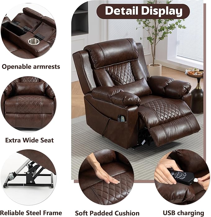 Big Man Power Lay Flat Lift Chair Oversized Recliner Dual Motor Heat Vibration for Elderly, Overstuffed Electric 28" Extra Wide Recliners with Flip Arm Storage Cup Holders,USB Type C Charging