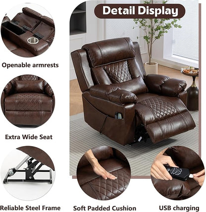 Big Man Power Lay Flat Lift Chair Oversized Recliner Dual Motor Heat Vibration for Elderly, Overstuffed Electric 28" Extra Wide Recliners with Flip Arm Storage Cup Holders,USB Type C Charging