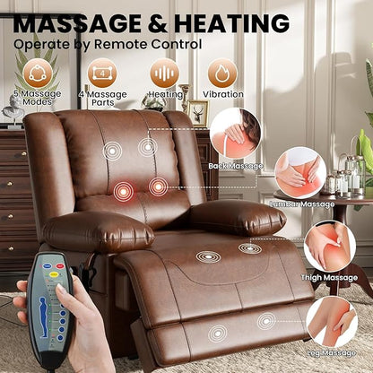 Large Dual Motor Power Lift Recliner Chair with Massage and Heat for Elderly People, Infinite Position,USB Ports and Remote Control,Breathable Leather (Brown)