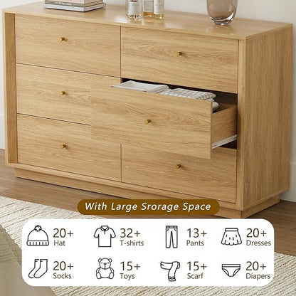 Mid Century Modern Dresser, 6 Drawer Dresser with Storage, 47" Wide Chest of Drawers with Wood Grain Texture, Drawers Organizer for Bedroom, Living Room, Hallway, Gold Oak