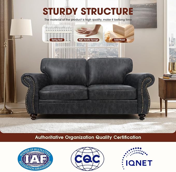 Mid-Century Vintage Sofa Couches with Rivet Design,loveseat Sofa,Removable Sofa Cover Upholstered Cushions and Solid Wood Frame (Grey, Loveseat)