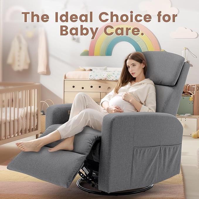 Power Swivel Recliner Chairs for Adults, Electric Glider Rocking Chair Nursery, Glider Recliner Nursery Chair with Classified Side Pocket, Nursery Rocking Chairs with USB and Type-C Ports