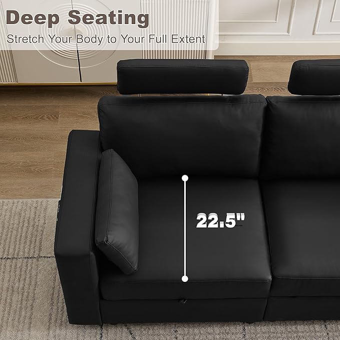 98.2" Oversized 3 Seater Storage Couch, Faux Leather Modular Sectional Sofa with Headrest & Side Pockets, Cloud Upholstered Couches Deep Seat, Sofas for Living Room Apartment Small Spaces, Black