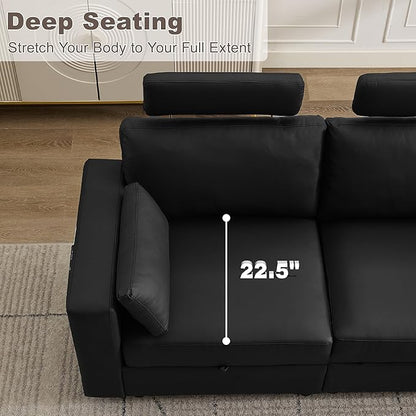 98.2" Oversized 3 Seater Storage Couch, Faux Leather Modular Sectional Sofa with Headrest & Side Pockets, Cloud Upholstered Couches Deep Seat, Sofas for Living Room Apartment Small Spaces, Black