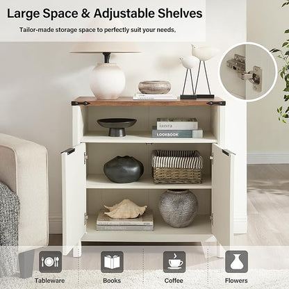 Buffet Cabinet with Storage - Modern Farmhouse Rustic 32 Fluted Sideboard Storage Cabinet Buffet with Adjustable Shelves, Coffee Wine Bar Organizer for Dining Room (Antique White)