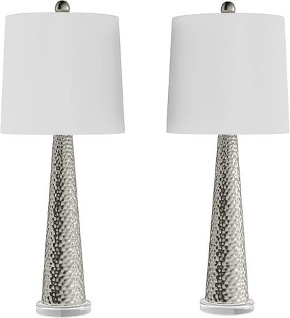 Lavish Home 30 Inch Table Lamps Set of 2 Contemporary Hammered Glass Lights for Bedroom, Living Room, and Office with Energy-Efficient LED Bulbs (Silver)