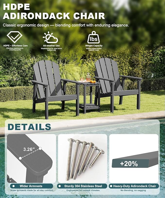 Adirondack Chair Set of 2, All Weather HDPE Fire Pit Chairs, Oversized Plastic Adirondack Chair for Outdoor, Balcony, Deck, Backyard, Patio, Garden, Poolside, Lawn Grey