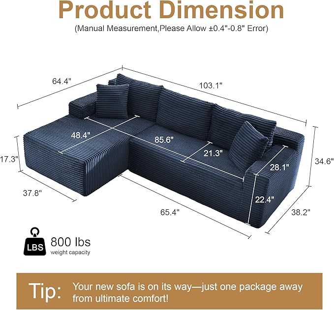 105" Sectional Couches for Living Room Cloud Couch Sofa with L-Shape Upholstered Boneless Couchs Modern Modular Sectional Couch with Chaise (Blue, 105''W Left Facing Chaise)