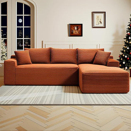 108" Cloud Sectional Couch,Modern Modular Sectional Sofa with Deep Seat,Corduroy Boneless Couches with L-Shape Chaise for Living Room,No Assembly Required (Orange, Right Facing Chaise)