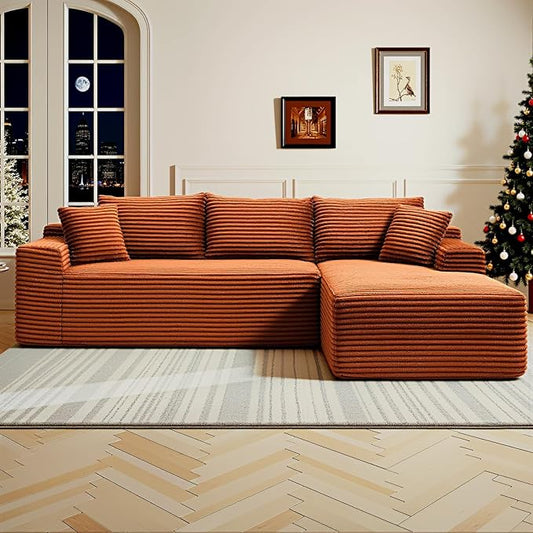 108" Cloud Sectional Couch,Modern Modular Sectional Sofa with Deep Seat,Corduroy Boneless Couches with L-Shape Chaise for Living Room,No Assembly Required (Orange, Right Facing Chaise)