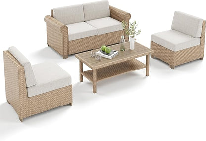 Patio Furniture Set, 5 Piece Outdoor Rattan Wicker Sectional Sofa Couch Conversation Set with 5.5" Thick Waterproof Cushions and Coffee Table for Deck Backyard