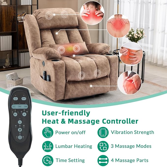 VIVIJASON Tall Man Dual Motor Power Lift Recliner Chair with Extended Footrest, Oversized Lay Flat Sleeper Electric Recliner W/Heat & Massage, Lumbar Pillow, USB & Type-C Ports, Infinite Position