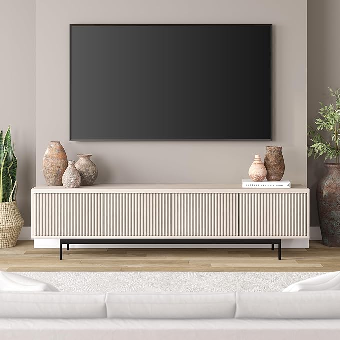 Henn&Hart Rectangular TV Stand for TV's up to 85" in Beech White, for Home, Living Room, Bedroom, Entertainment Room, Office