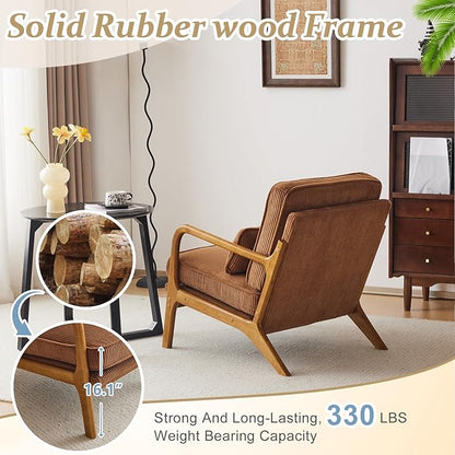 VINGLI Upgraded Premium Corduroy Accent Chair,Upholstered Arm Chair,Solid Wood Comfy Reading Chair with Pillow, Mid Century Modern Chairs for Living Room,Bedroom,Brown