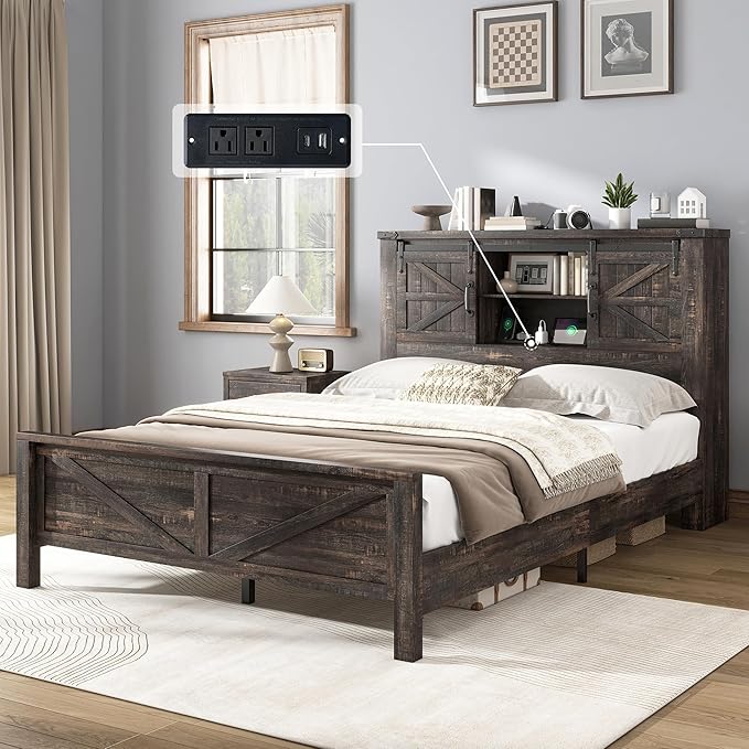AMERLIFE Farmhouse Full Bed Frame with Storage Headboard & Charging Station, Rustic Wood Platform Bed with Barn Door Bookcase, No Box Spring Needed, Dark Oak Bedroom Furniture