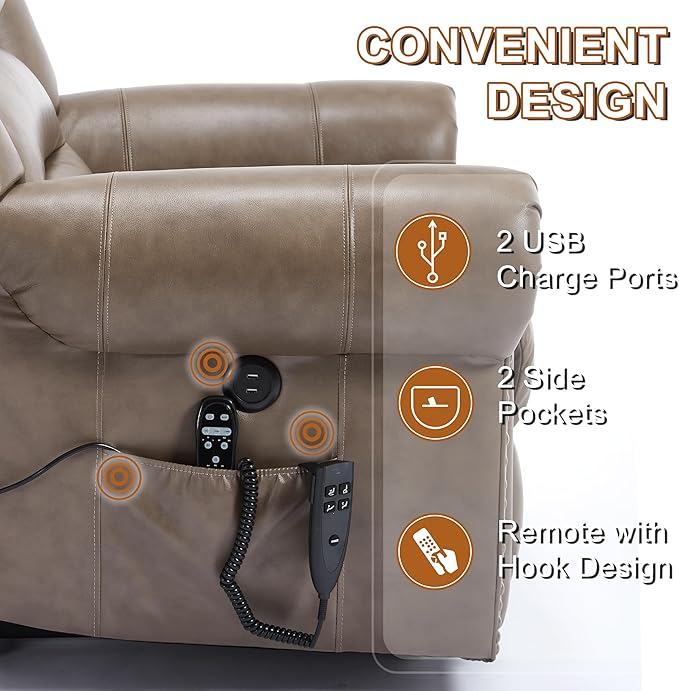 Luxlen Power Lift Recliner Chair for Elderly, Dual Motor Massage Recliner with Lumbar Heat, Heavy Duty Motion Mechanism Lift Chair with Charge Ports, Genuine Leather - Brown