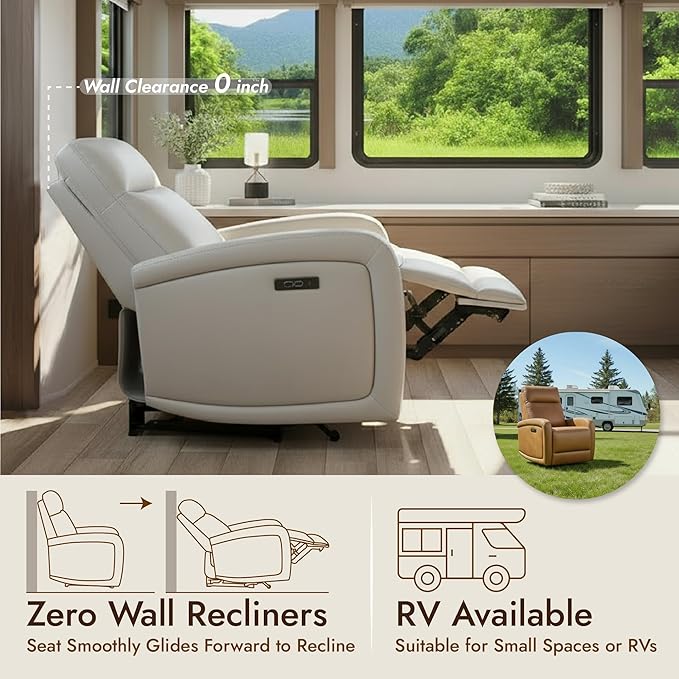 Watson & Whitely Power Recliner Chairs for Adults, Zero Wall Recliners W Power Headrest Type-C Charger, Small Faux Leather RV Recliners Home Theater Seating for Living Room, Cream