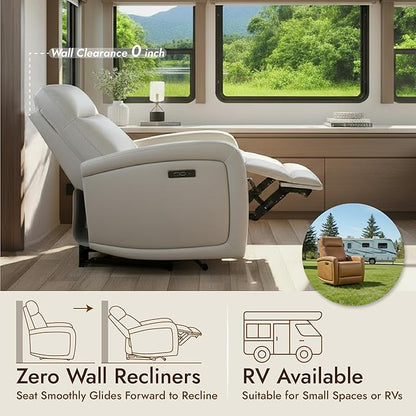 Watson & Whitely Power Recliner Chairs for Adults, Zero Wall Recliners W Power Headrest Type-C Charger, Small Faux Leather RV Recliners Home Theater Seating for Living Room, Cream