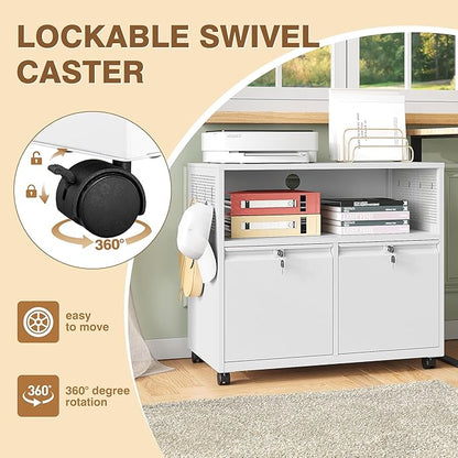 Mobile Filing Cabinet with Lock,Metal Lateral File cabinets Printer Stand with Storage Cabinets for Home Office,A4/F4/Letter (White)